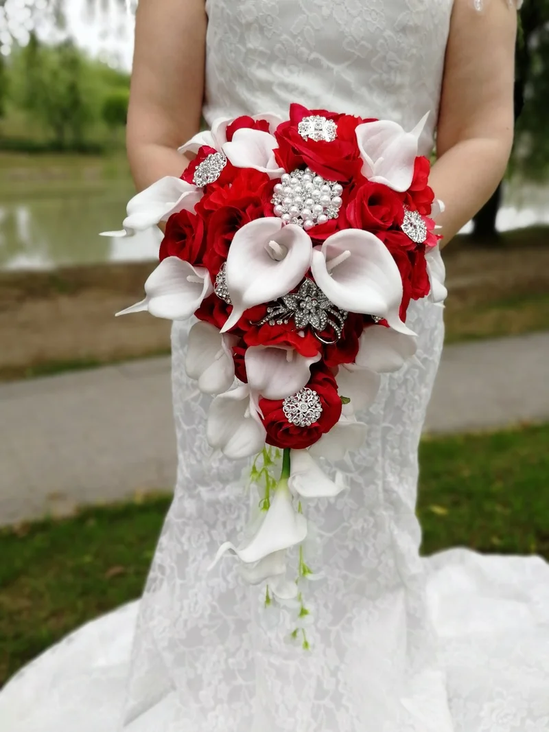 Водопад Красные Свадебные цветы Свадебные букеты искусственный жемчуг хрустальные свадебные букеты De Mariage свадебные букеты
