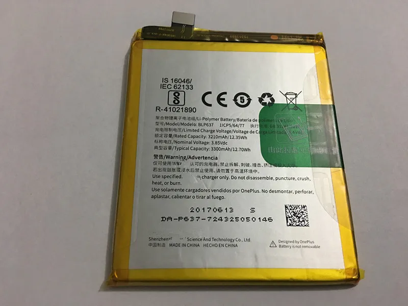 Для One plus 5 батарея 3210mAh BLP637 литий-ионная Встроенная для мобильного телефона