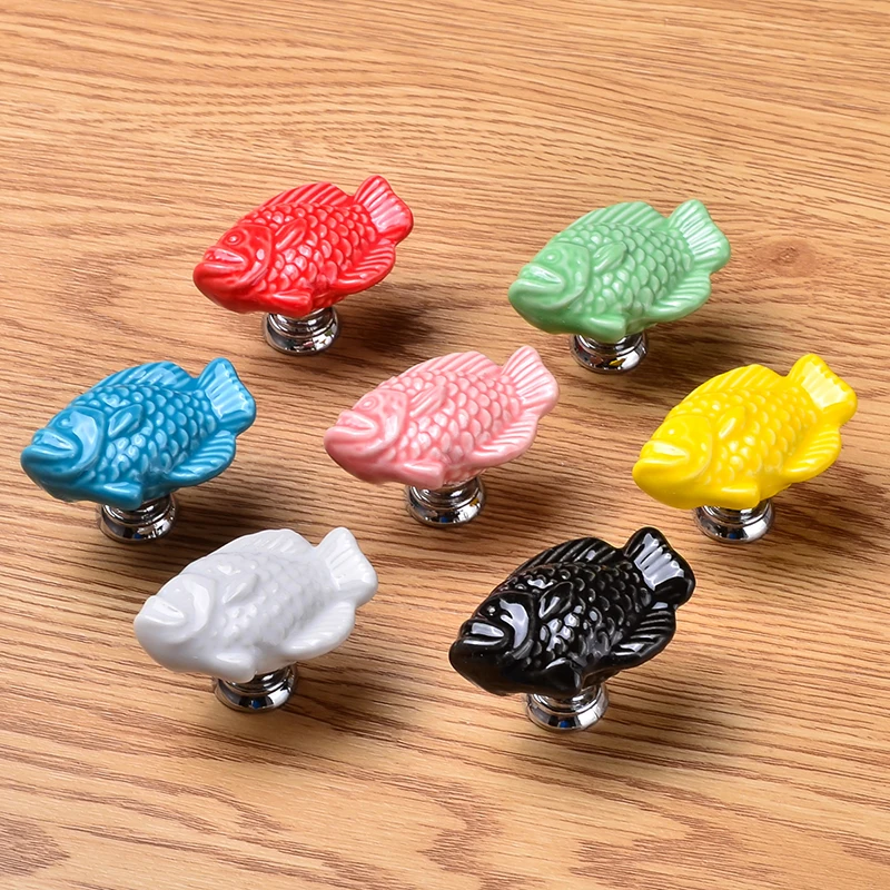 Image Ceramic Mandarin Fish Door Handle Cartoon Style Knobs Furniture Drawer Dresser Cabinet Kitchen Single Hole Handles Colorful