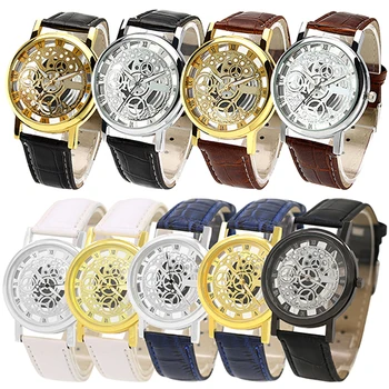 New hotMen's Women's Roman Numerals Faux Leather Band Skeleton Analog Sports Dress Wrist Watch 4JVO