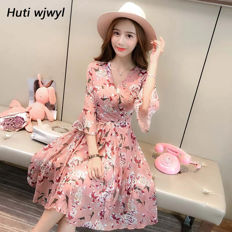 Huti wjwyl New Floral Print Sweet Chiffon Fresh Dress Women V-Neck Party Half Sleeve Lady Beach Holiday A-Line Vestidos | Женская одежда
