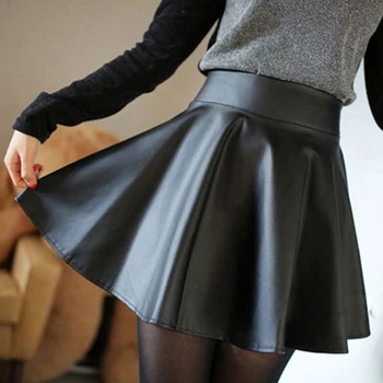 

New Spring Summer Women Faux Leather Shirts High Waist Skater Flared Pleated Short Mini Skirt Suzie