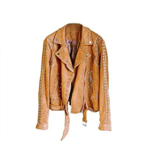 Studded Suede Short Long Sleeve Coat Women's Faux Leather Jacket Outwear  S33