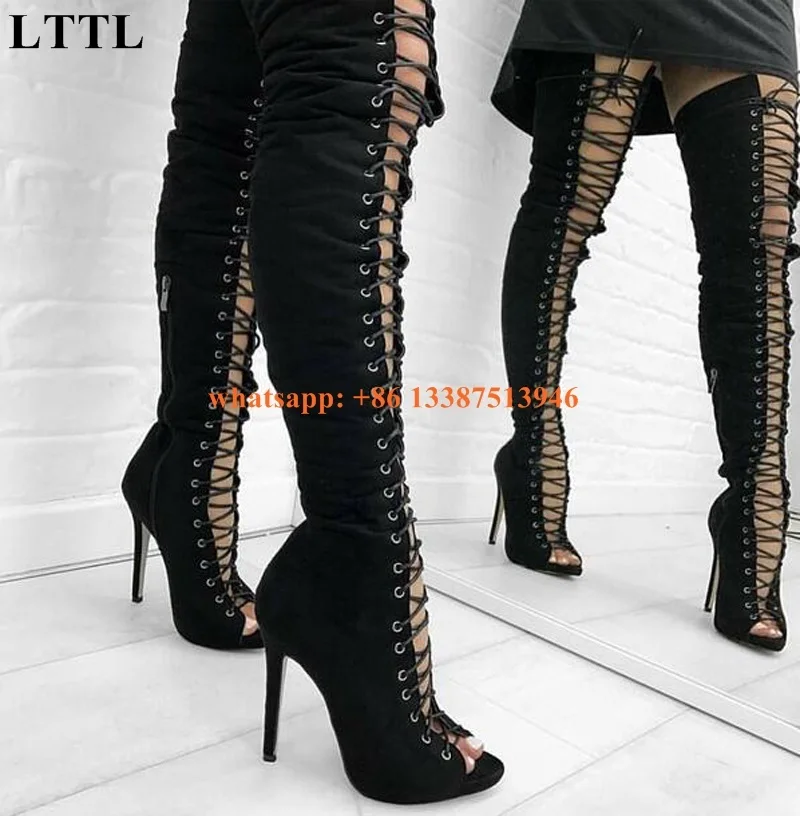 Women New Fashion Open Toe Black Suede Leather Lace-up Knee High Gladiator Boots Cut-out High Heel Long Boots Thin Heel Boots