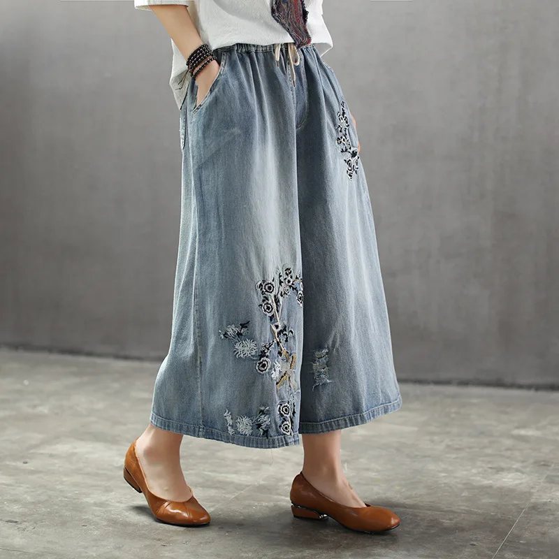 

Summer National Style Embroidered Vintage Denim Wide Leg Pants Elastic Waist Woman Casual Loose Pocket Jeans Ankle-length Pants