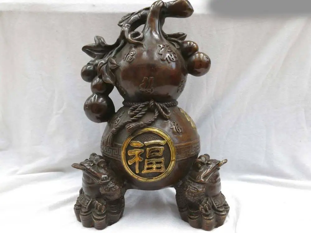 

13" China bronze gild money three spittor blessing lucky bottle gourd Statue