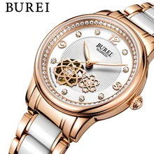 BUREI Brand Crystal Sapphire Ladies Ceramic Automatic Mechanical Watch Fashion Dress Skeleton Wristwatches 50M Waterproof Watch