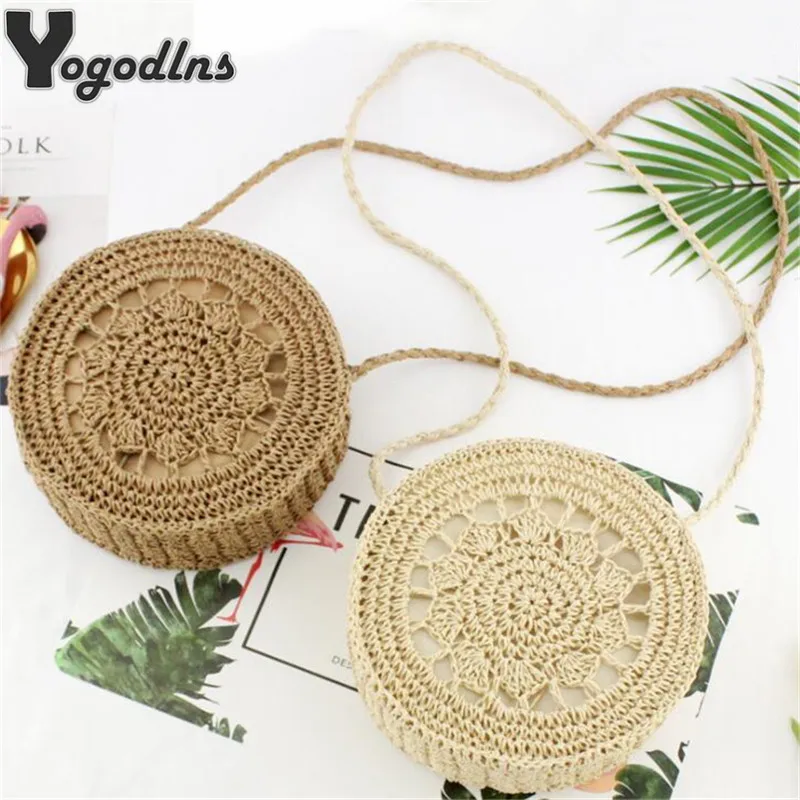 

Round Women Bag Circle Hollow Straw Braided Flower Shoulder Bag Casual Knitting Crossbody Bags for Girls Handbags Travel Holiday