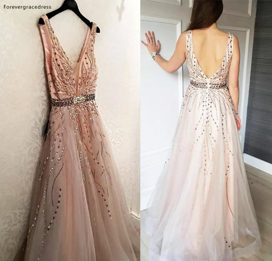 Sexy Deep V Neck Prom Dresses A Line Low Back Tulle Beaded Sequined Floor Length Women Occasion Evening Gowns Formal Bridesmaids Dress 139