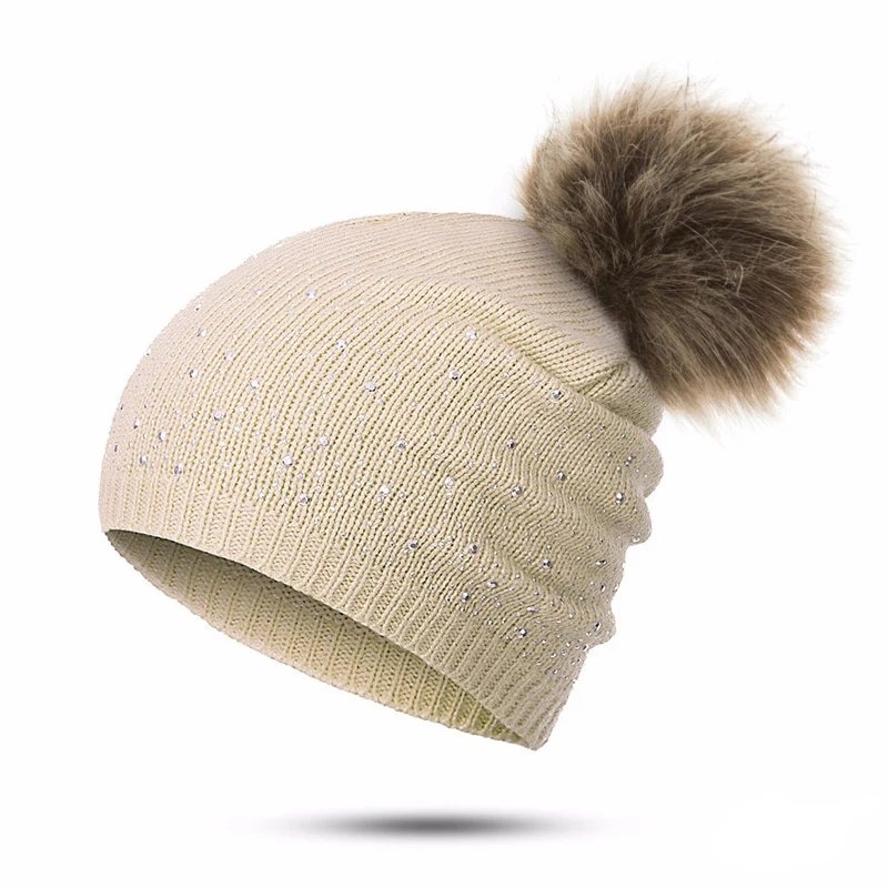 URDIAMOND, зимняя женская шапка, милая,, повседневная, однотонная, с бусинами, шапка, теплая, из искусственного меха, с помпонами, шапка для девочки