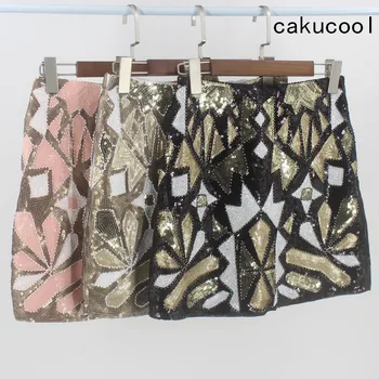 

Cakucool Women Retro Sequined Short Skirt Vintage Beading Pencil Skirt High Waist Golden Silm Bodycon Luxury Bling Mini Skirts