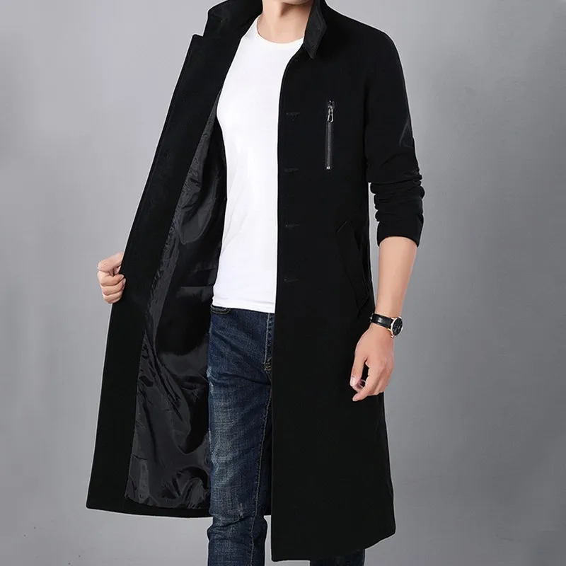 Mens Winter Stand Kraag Maxi Lange Wollen Combineert Trenchcoat Slim Fit Plus Size 4XL Zip Windjack Militaire Overjas Mannelijke jassen