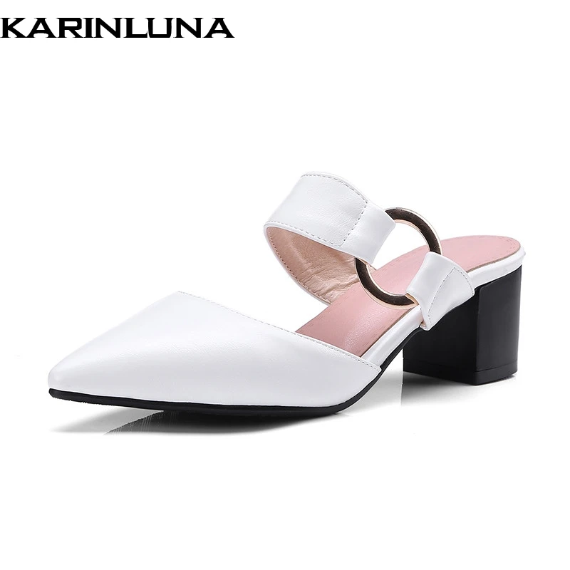 

KarinLuna 2018 Summer Brand Big Size 32-43 Women Mules Fashion Buckle Design Med Heels Pumps Pointed Toe Casual Shoes Woman