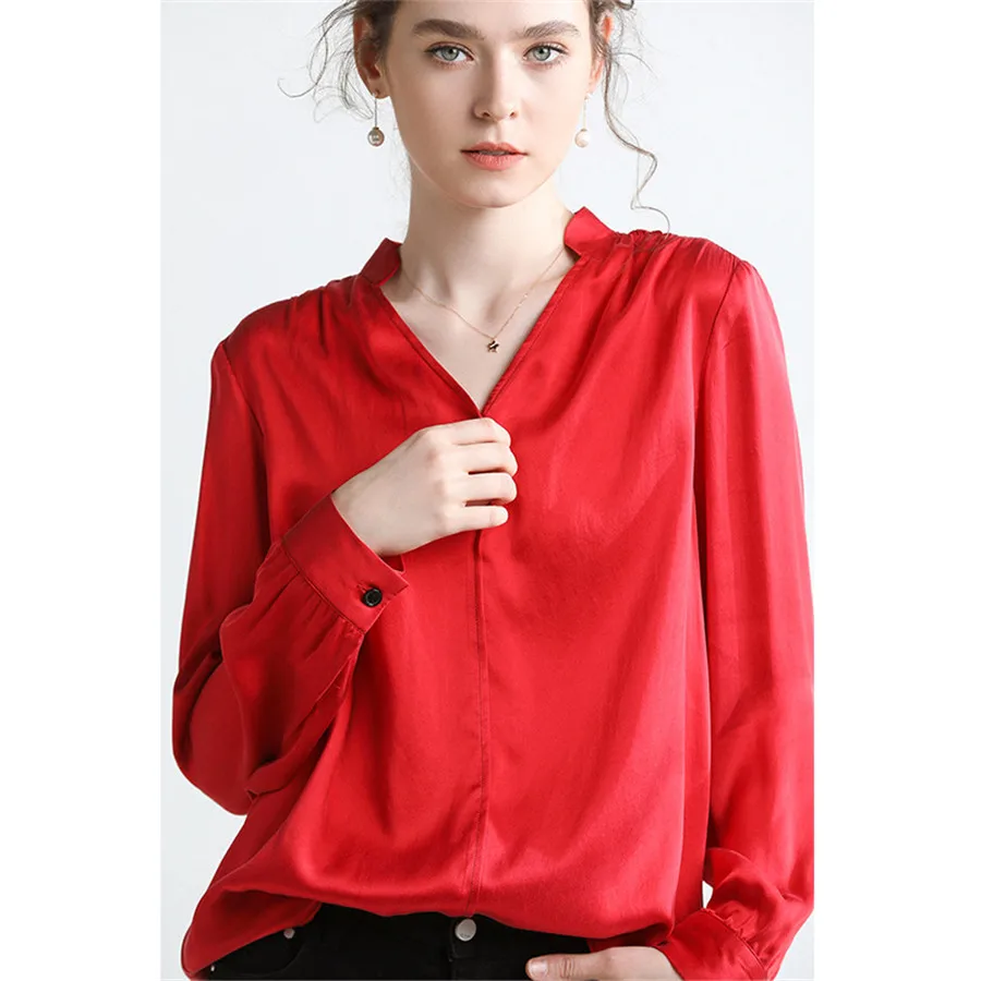 

Hodisytian 2019 New Women Blouse Shirts Natural Silk Elegant V Neck Slim Fit Tunic Female Tops Blouse Long Sleeve Blusas Femme