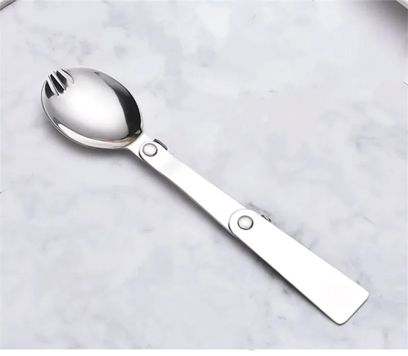 1PC Travel Camping Survival Set Portable Folding Round Spoon Salad Spoon Hiking stainless steel Camping Outdoor Tableware