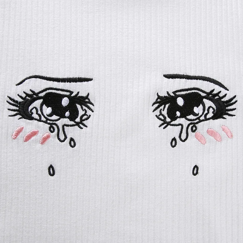 Модная Ребристая белая женская футболка с вышивкой глаза слезы, вязаный облегающий укороченный топ, футболка с коротким рукавом, летние футболки