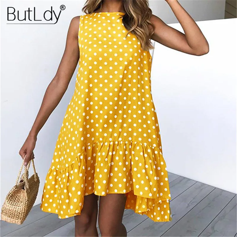 Polka Dot Beach Midi Dress Women Ruffles Tank Summer Dress 2019 Sundress Pleated Sexy Casual Retro Vintage Loose Short Dress