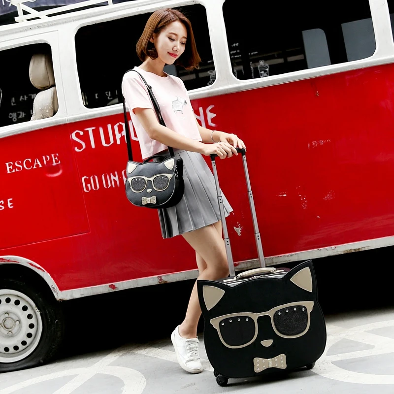 New Cartoon Hello Cat 18 inches girl students trolley case luggage bag women rolling suitcase vs travle bag with Cosmetic