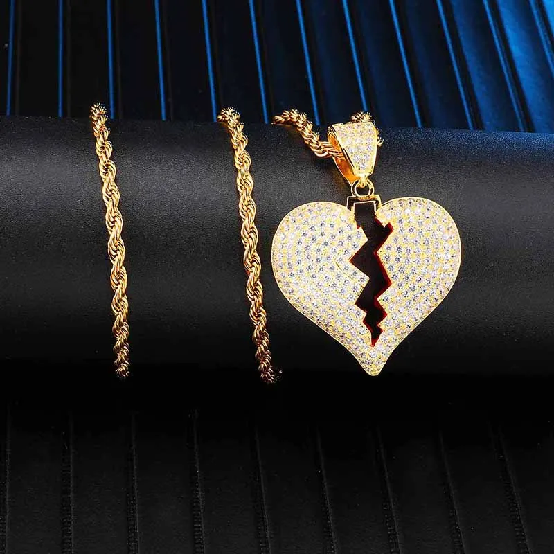 Bling Iced Out кубический циркон подвеска в виде разбитого сердца ожерелье с веревкой