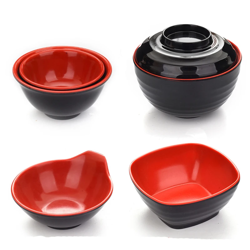 Japanese Black And Red Kitchen Plastic Rice Bowl Restaurant Ramen Soup