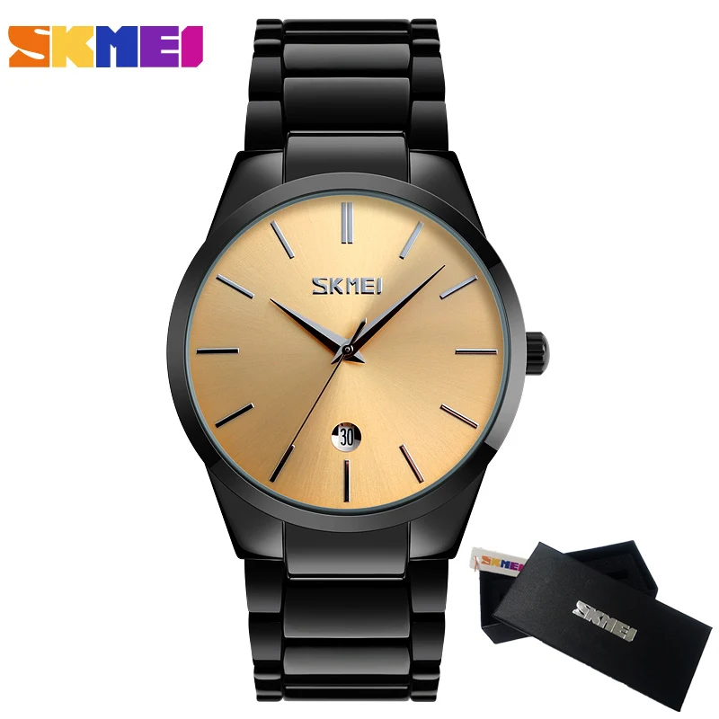 Топ люксовый бренд SKMEI мужские деловые часы из нержавеющей стали Мужские кварцевые часы с датой мужские наручные часы relogio masculino 9140 - Цвет: gold