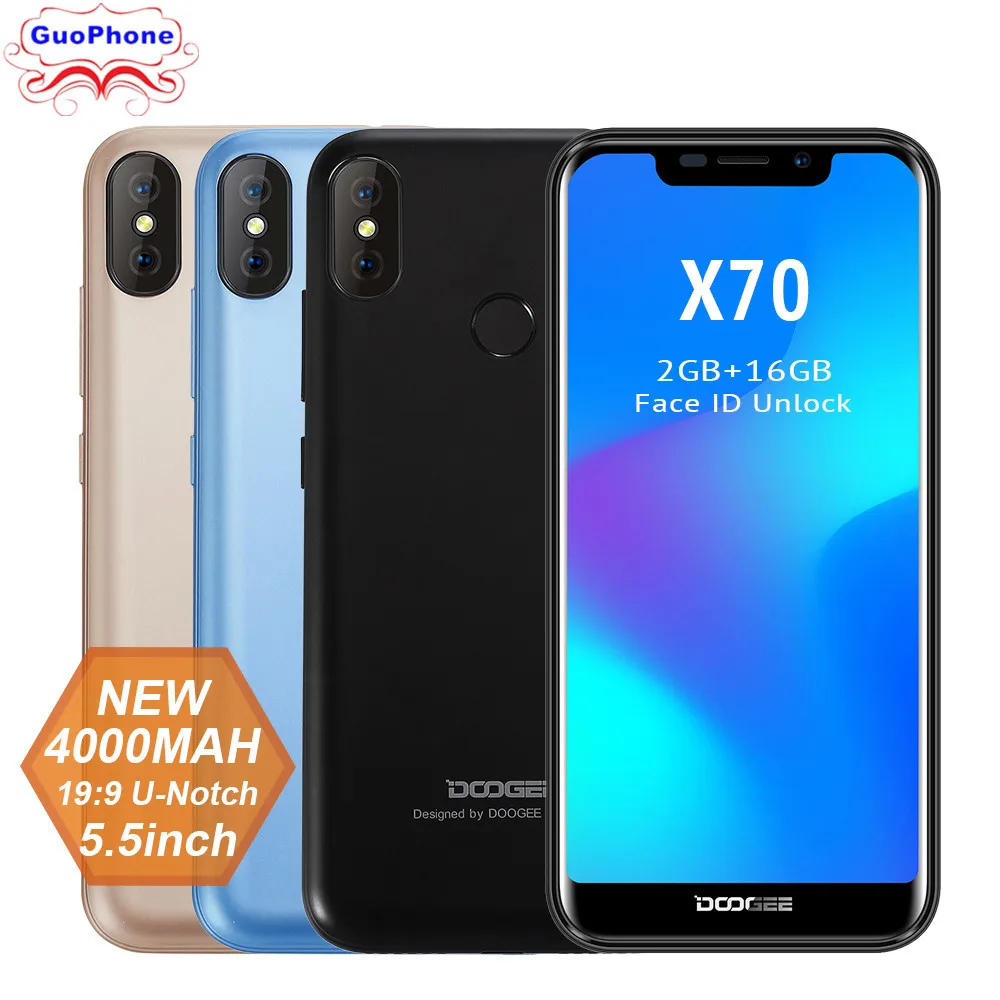 DOOGEE X70 смартфон уход за кожей лица 5,5 ''U-Notch 19:9 MTK6580 4 ядра 2 Гб Оперативная память 16 Гб Встроенная память Android 8,1 двойной Камера 8.0MP 4000 мА/ч