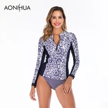 Aonihua Two Piece Swimsuit For Women Plus Size Swimwear Floral Print Long Sleeve Swim Suit 2019 New Arrivals S-2XL