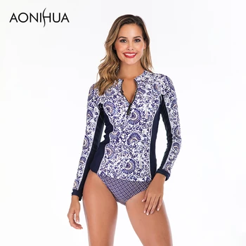 

Aonihua Two Piece Swimsuit For Women Plus Size Swimwear Floral Print Long Sleeve Swim Suit 2019 New Arrivals S-2XL