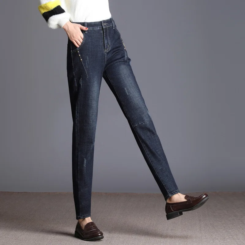 Lxunyi женские зимние джинсы с высокой талией, с заклепками, лоскутные рваные прямые джинсы, брюки больших размеров, однотонные повседневные джинсовые брюки с карманами