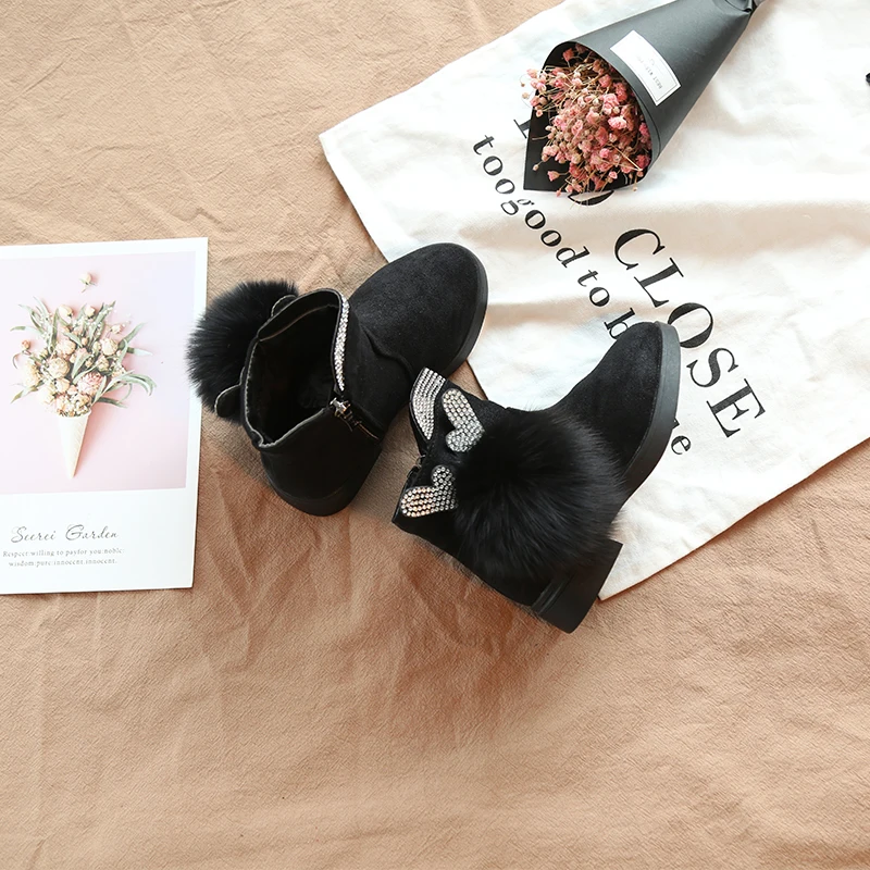 2018 Girls Rhinestone Glitter Boots with cashmere cotton, Bunny Ears, Kids lovely Fur Ball winter warm shoes, black and Red   (13)