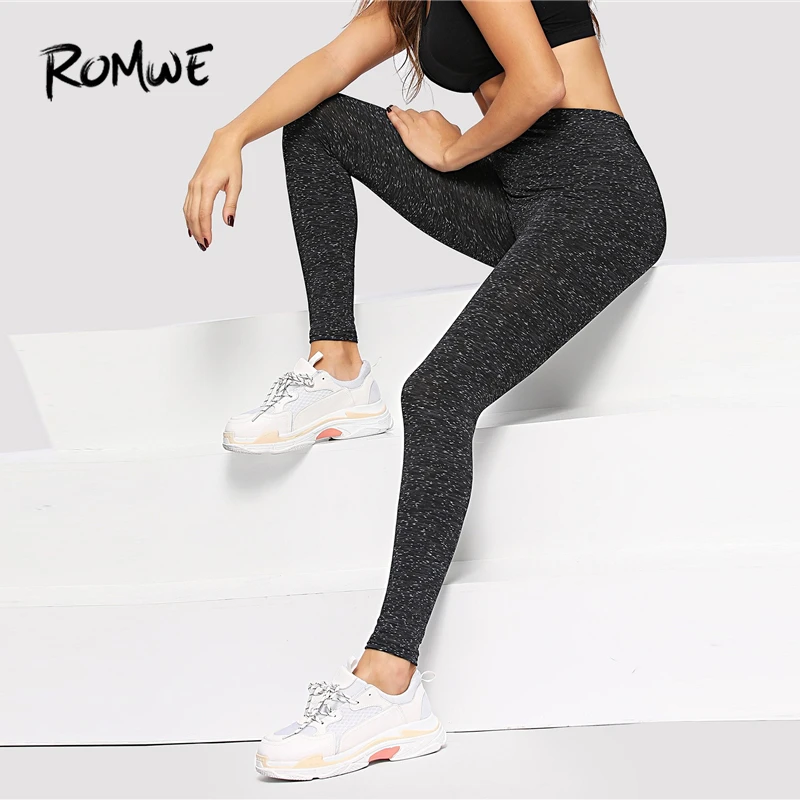 

Romwe Sport Black Exercise Confetti Fitness Women Running Tights 2019 Spring Outdoor Active Wear Gym Stretchy Jogging Leggings