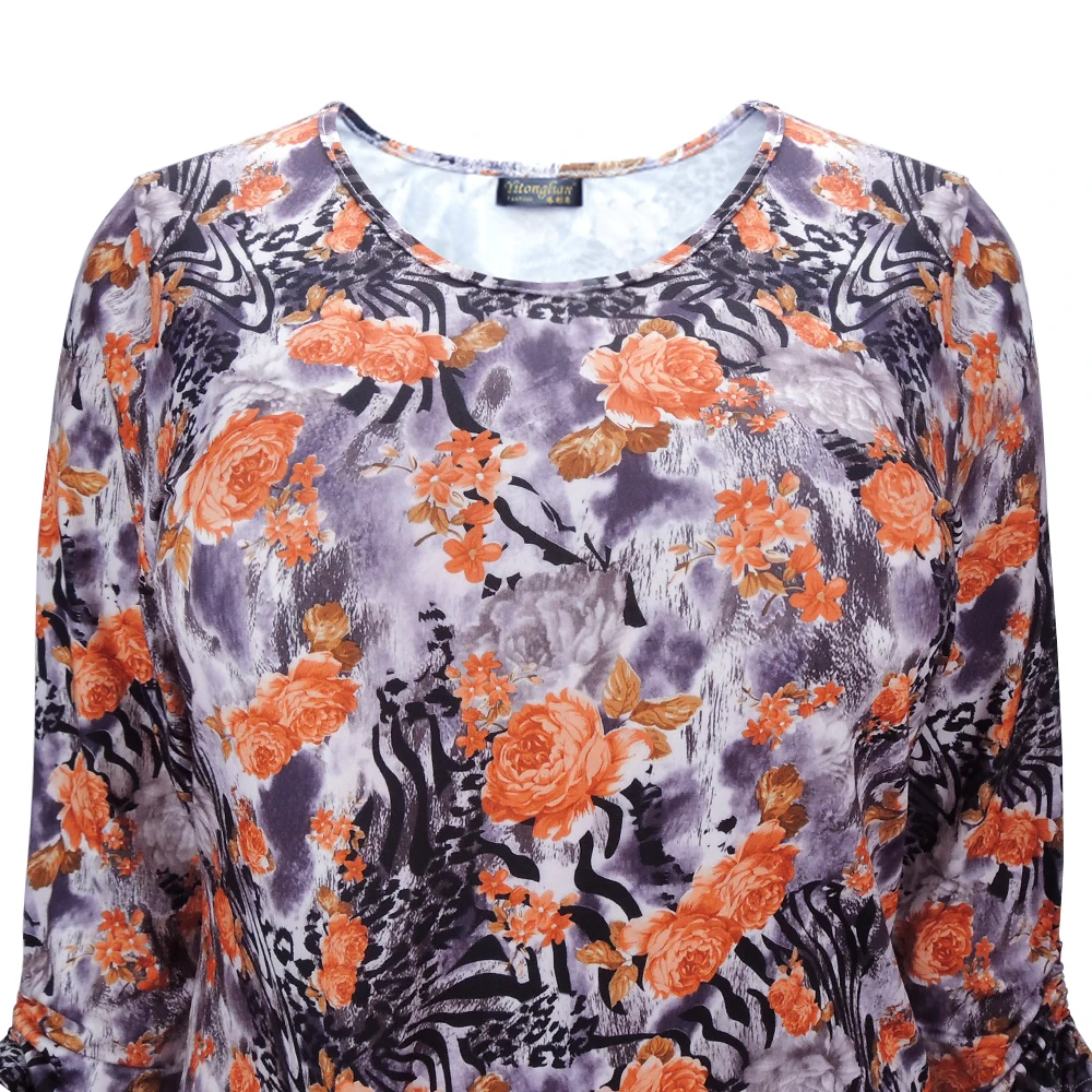  YTL Ladies Plus Size Top Autumn Comfortable Vintage Leopard Flower Pattern Office Casual Tunic Tie 