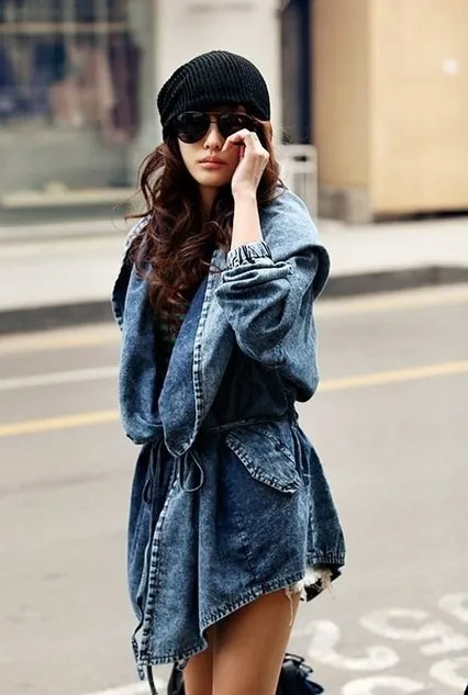 Free Shipping Washed Denim Jacket Big Hat Fashion Autumn