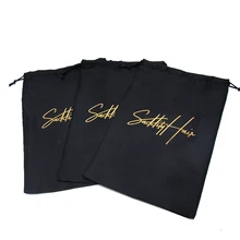 100 шт/партия, логотип на заказ, блестящий золотой черный Шелковый шнурок, карман для волос, упаковка, атласные сумки с кисточками, женская сумка для хранения париков, подарочная сумка