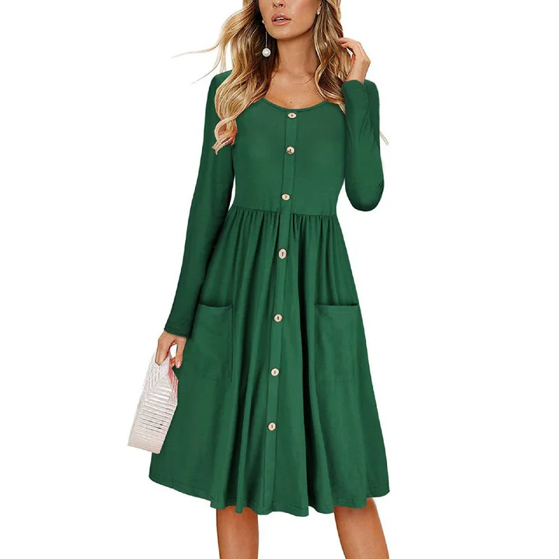 2018 New Autumn Winter Dress Women Long Sleeve Button Pocket Slim Elegant Dress Pure Color Party Dress Dresses