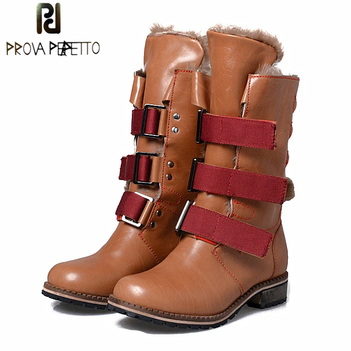 

Prova Perfetto Winter Women Warm Snow Boots Buckle Straps Genuine Leather Round Toe Low Heel Fur Boots Mid-calf Botas Mujer