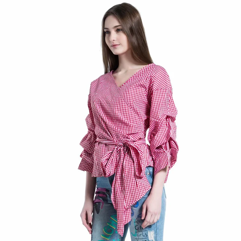 

Red Striped Women Bandage Shirts 2019 Spring-Autumn Womens Stylish Blouses with Sashes Puff Sleeve Shirt Ladies Chic Tops femme