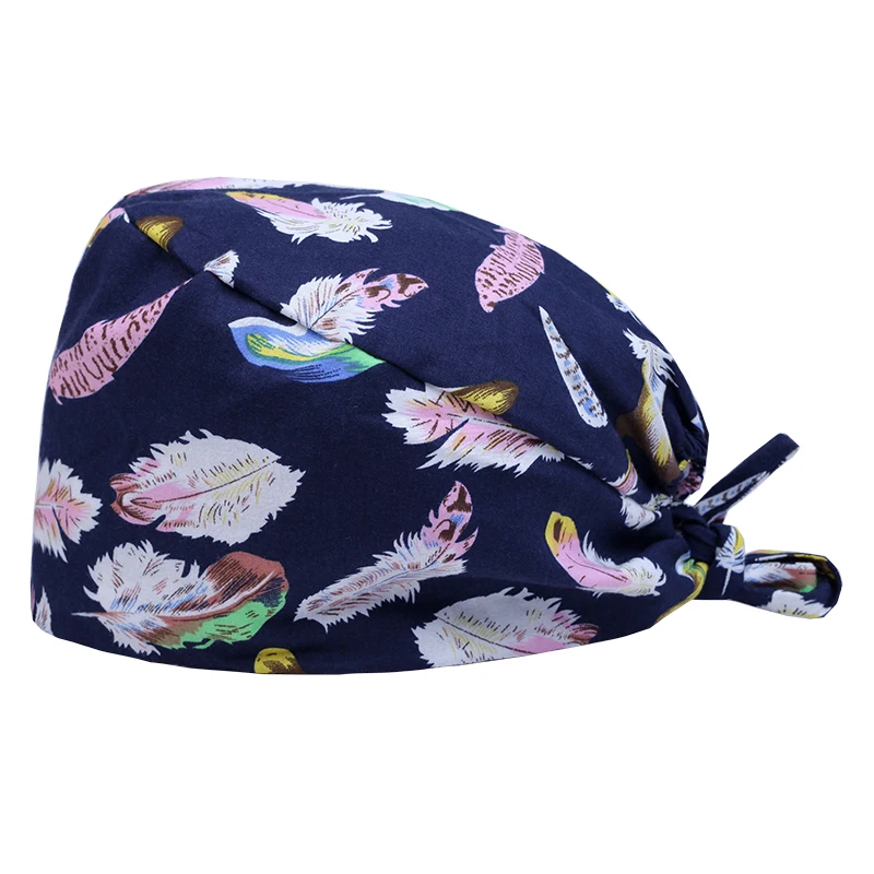 

Adjustable Nurse Cap Unisex 100% Cotton Feather Print Elasticized Back Section Doctor's Cap Hospital Healthcare Working Caps