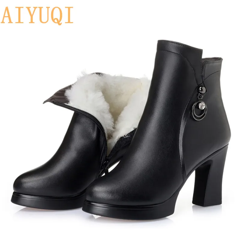 AIYUQI Genuine leather Boots Women Shoes Plus Size 12 Round Toe Square heel shoes Fashion ladies Casual ankle boots