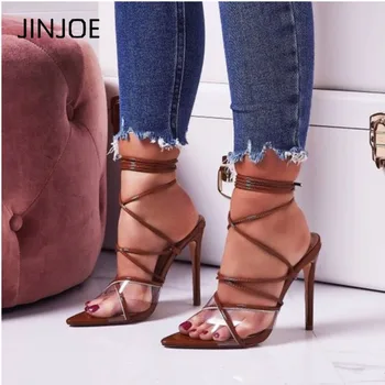 

JINJOE Women shoes Gladiator Transparent PVC Lace Up High Heel Sandals Sexy Dress Ladies Stiletto Ankle Strap Leopard Print pump