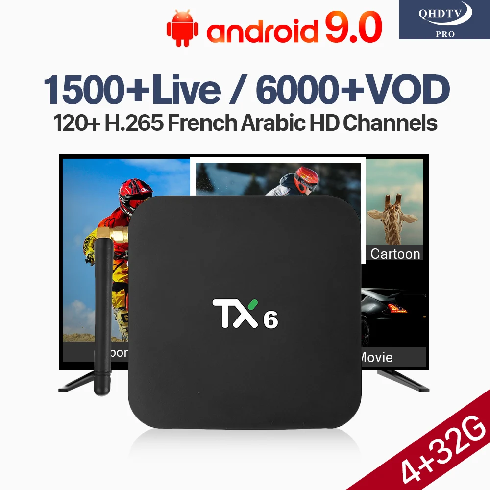 

QHDTV Pro 1 Year IPTV France Arabic Morocco TX6 Android 9.0 4+32G BT5.0 USB3.0 Dual-Band WIFI IPTV H.265 Decoder 4K IP TV Box