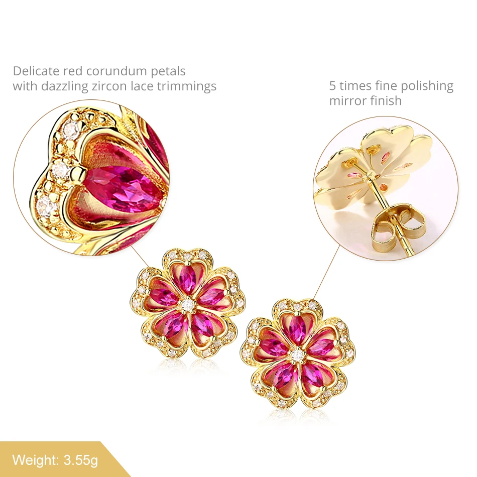 ALLNOEL Gemstone Ruby Flower Jewelry Set Real 925 Sterling Silver Red Corundum Ring Stud Earrings For Girl Women's Jewellry Gift (1)