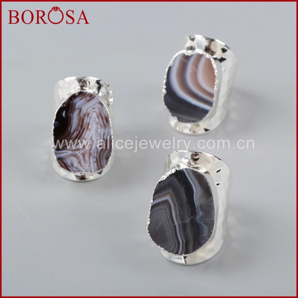 

BOROSA 5pcs Natural Onyx Stone Druzy Silver Ring,Natural Gems Open Band Ring Fashion Drusy Jewelry for Wholesale S1389