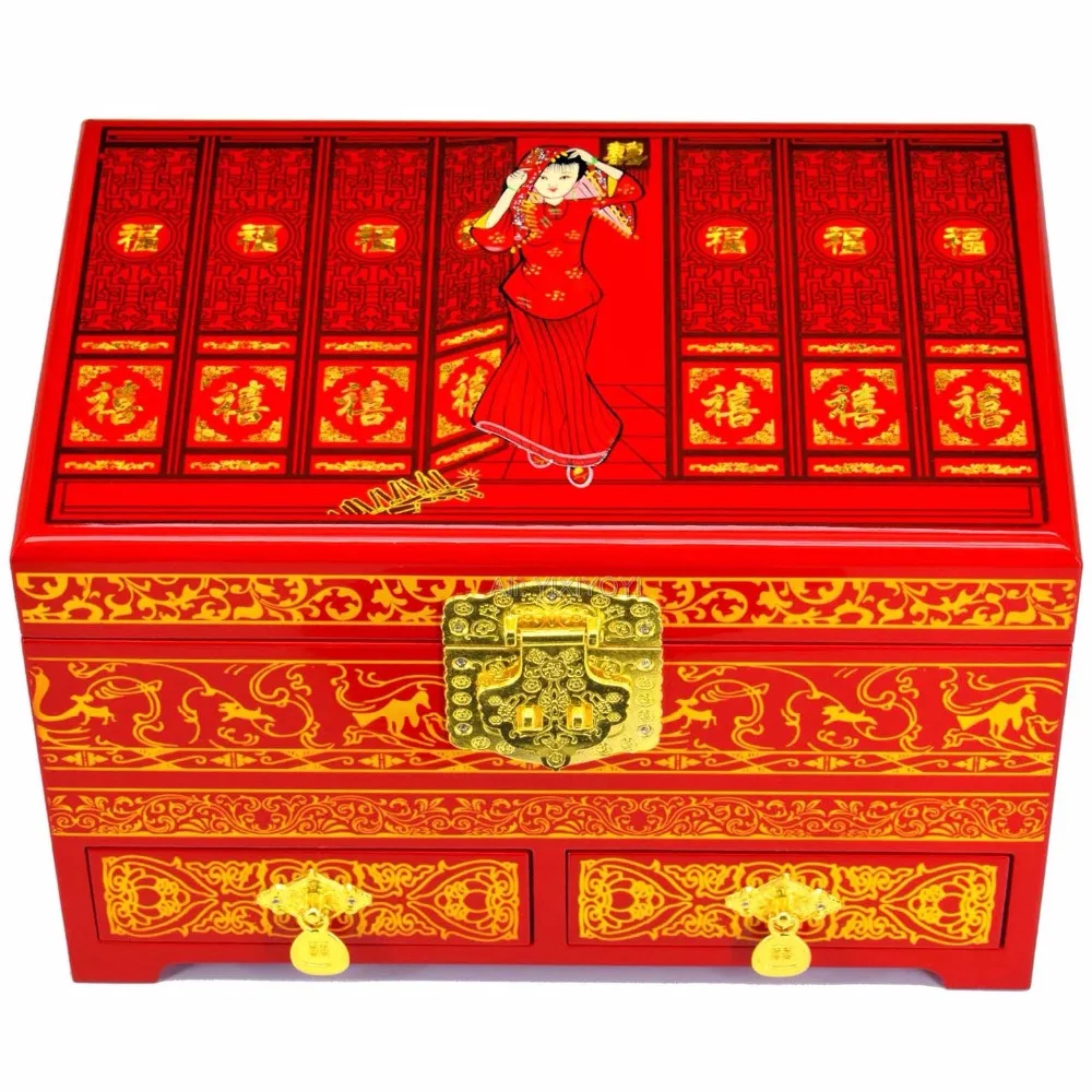 

Beautiful 3 Layer Wood Wedding Flower Jewelry Box with Mirror Drawer Chinese Retro Woman's Dressing Display Box Carrying Case