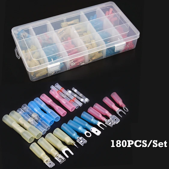 180PCS/Set Waterproof Wire Solder Ring Fork Butt Crimp Terminals Insulated Spade Heat Shrink