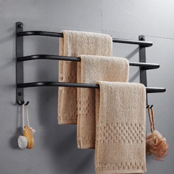 

Fashion black painted bathroom hardware kit wall-mounted towel rack silver mirror three-layer towel bar toilet shelf