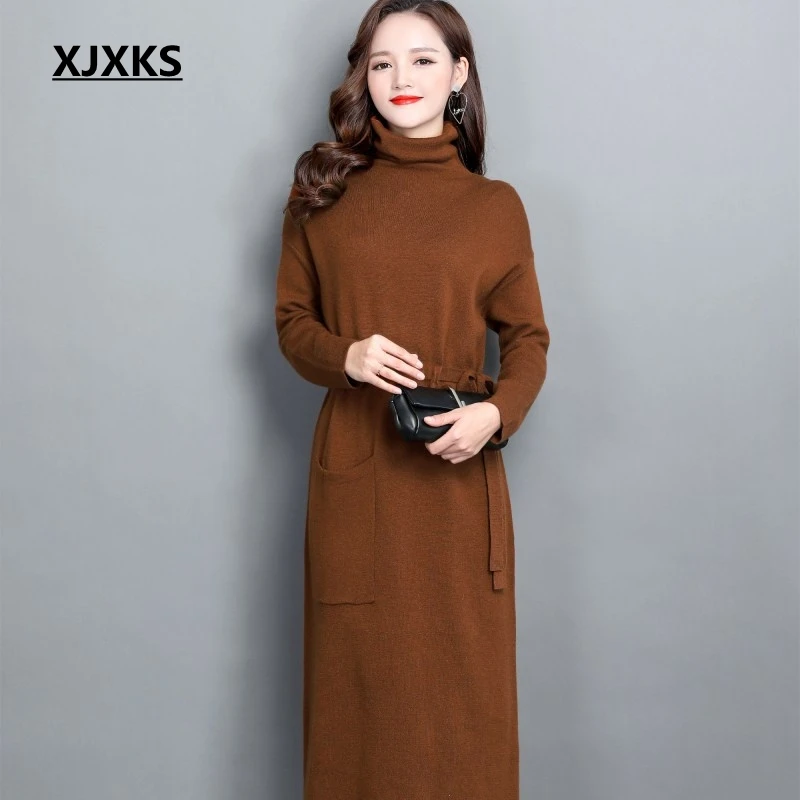 

XJXKS Knitted dress women autumn winter new 2019 high quality with sashes and pocket dropped sleeve women sweater dress