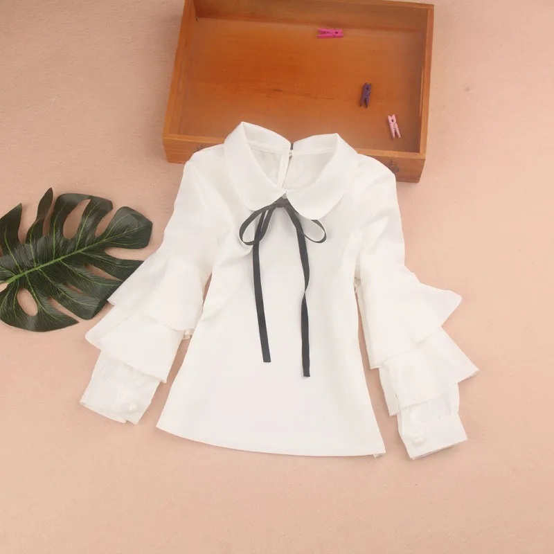 

Korean Children Girls Fashion Shirts Girls Clothes 2 To 10 12 Year 2018 Kids Ruffle Long Sleeve White Blouse with Black Ribbon