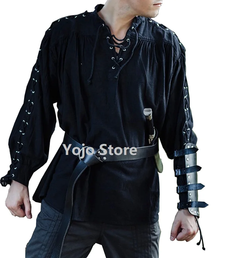 

Men Medieval Renaissance Grooms Pirate Reenactment Larp Costume Lacing Up Shirt Bandage Top Middle Age Clothing For Adult 3XL