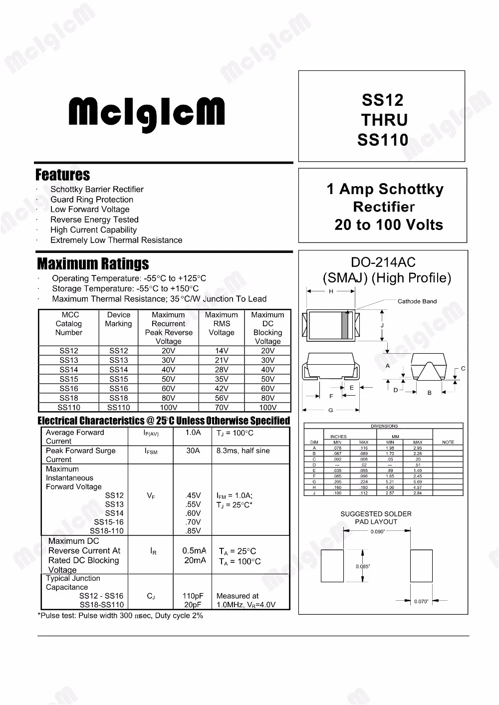 MCIGICM 100 шт. ss12 sma 1n5817 smd 1A 20 в DO-214AC Диод Шоттки